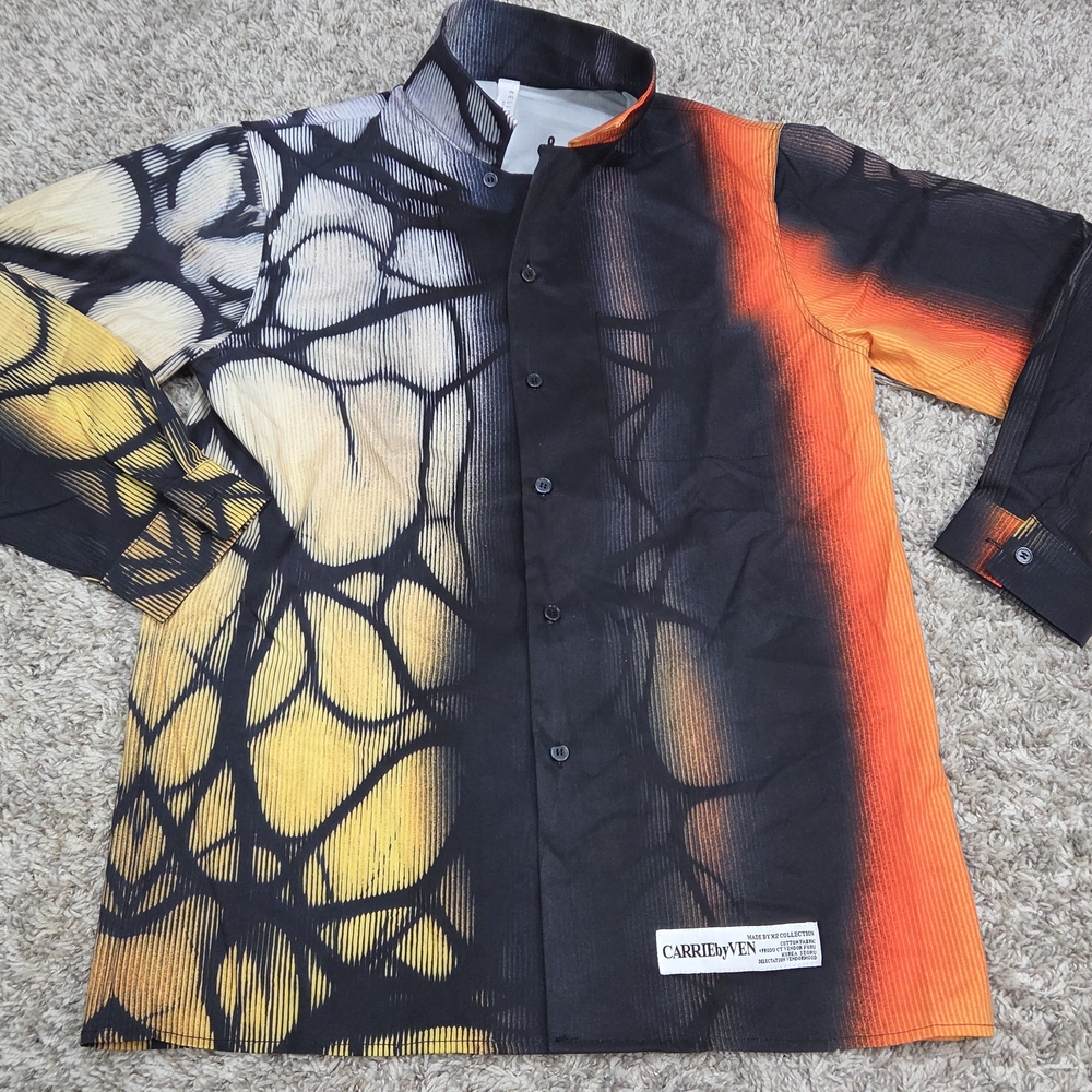 Kelly Obi Mens Button Up Shirt Abstract Butterfly Wing Artsy Workwear XL Black